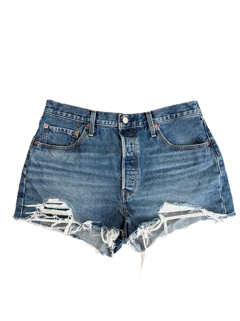 Levis 501 W33 Denim Shorts Button Fly Distressed Raw Hem High Rise Women’s